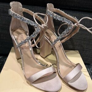 Jewel Badgley Mischka Crystal-Embellished Blush Satin Block Heels